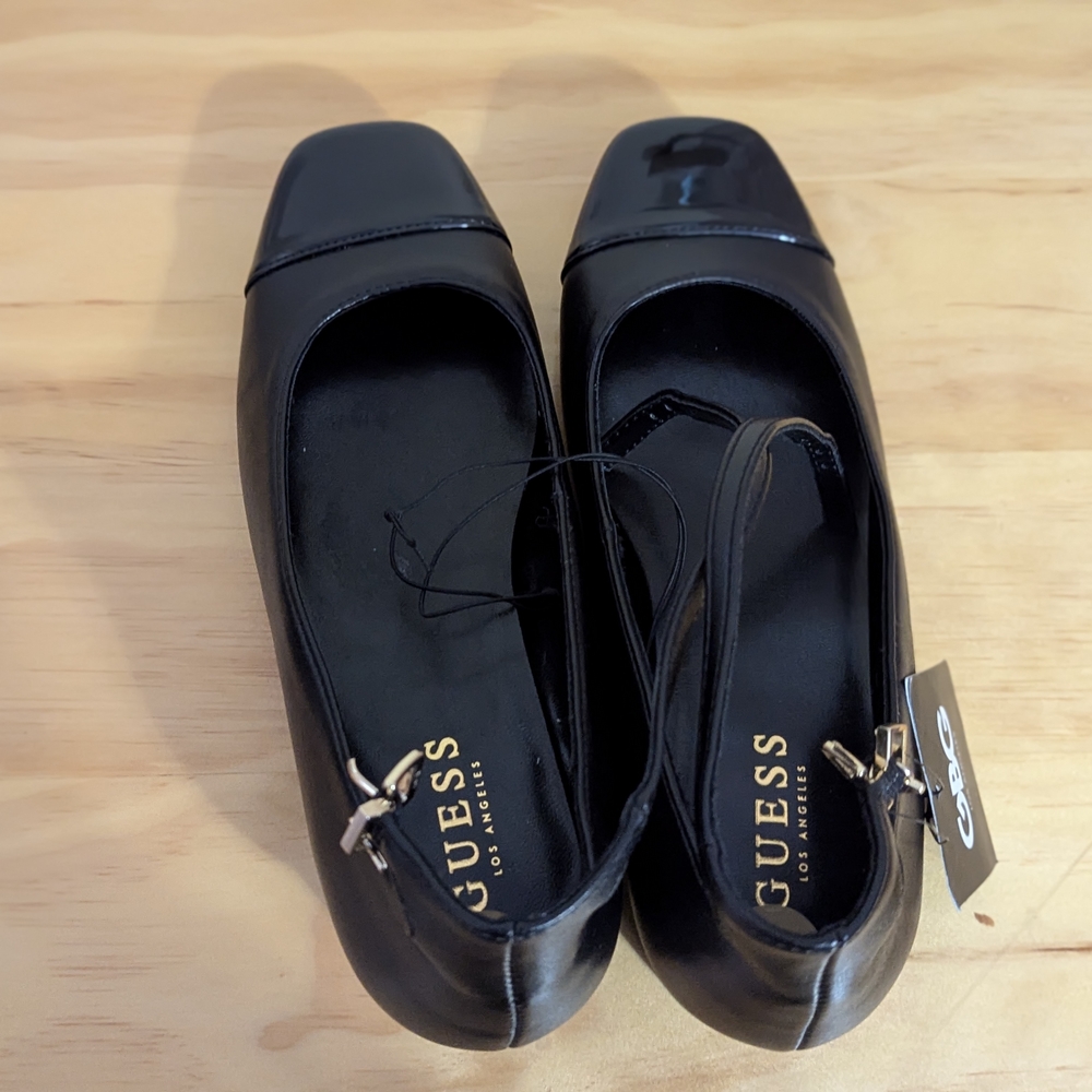 Brand Bew Guess Black Kitten Heels with Gold Charm and Rounded Toe